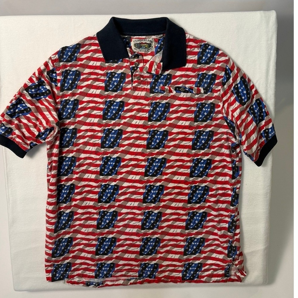 Cumberland Outfitters American Flag All‑Over Print Polo Shirt – Men's L